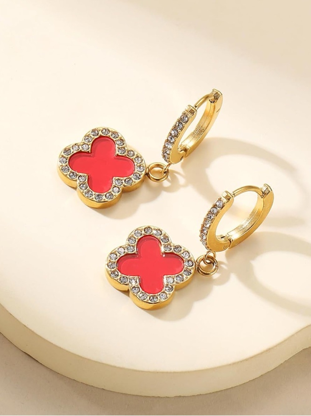 18k Gold Plated Red Clover Drop Earrings with Crystal Accents NEW